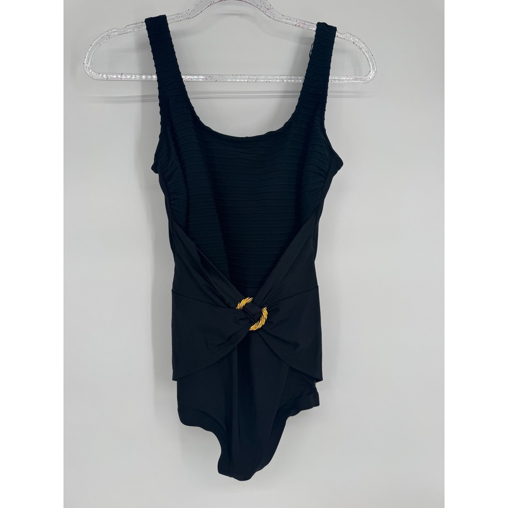 Slim Allure Vintage Black One Piece Swimsuit Sz 14 Cup Sz 14 C+ Gold Ring Draped
